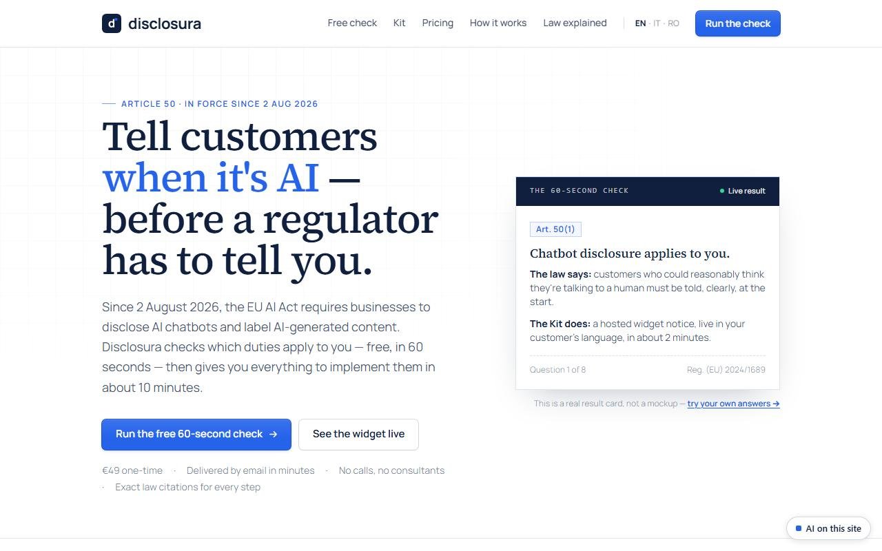 disclosura.eu — A compliance kit for businesses: a checker, a widget, five languages.